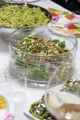 Organic Green Apple & Wild Arugula Salad with Roquefort Blue Cheese & Candied Almonds topped with Fig Balsamic