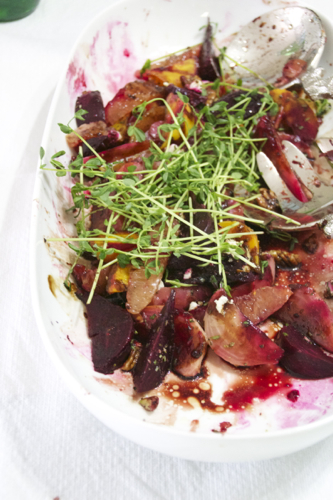 Farmer’s Market Heirloom Beet & Citrus Salad with Pea Shoots & Boursin Cheese topped with Balsamic Glaze
